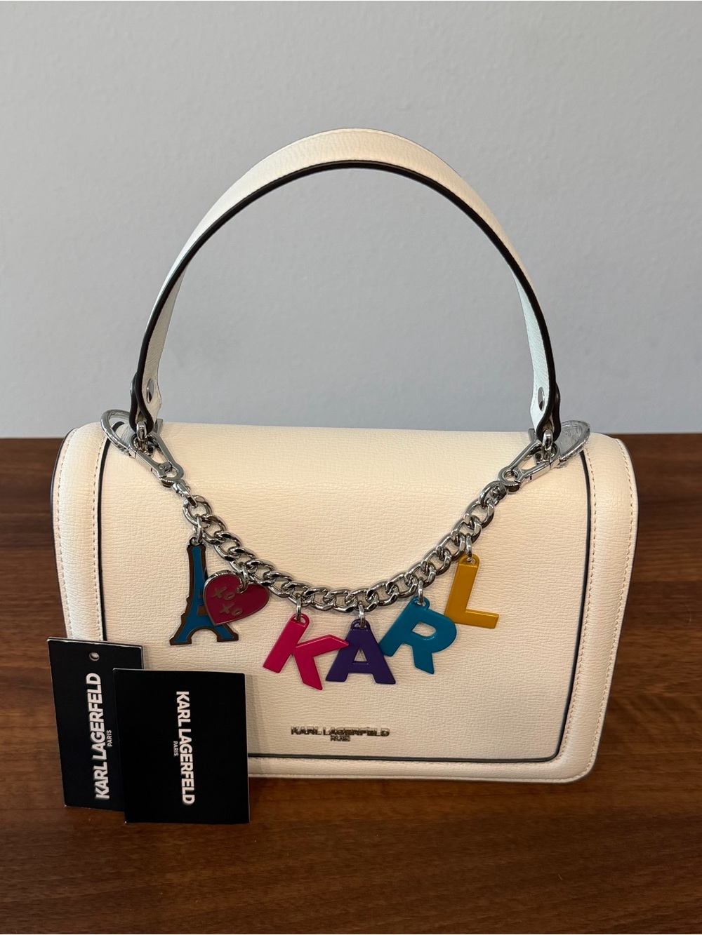 Karl Lagerfeld Paris Light Cream Leather Satchel with Multicolor Letter Charm